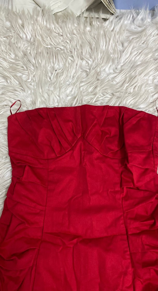 Kırmızı Drapeli  keten straplez Mini Elbise - Görsel 3