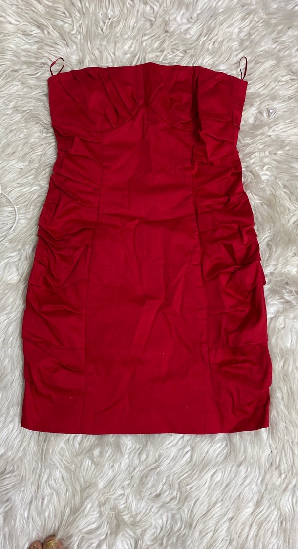 Kırmızı Drapeli  keten straplez Mini Elbise - Görsel 2