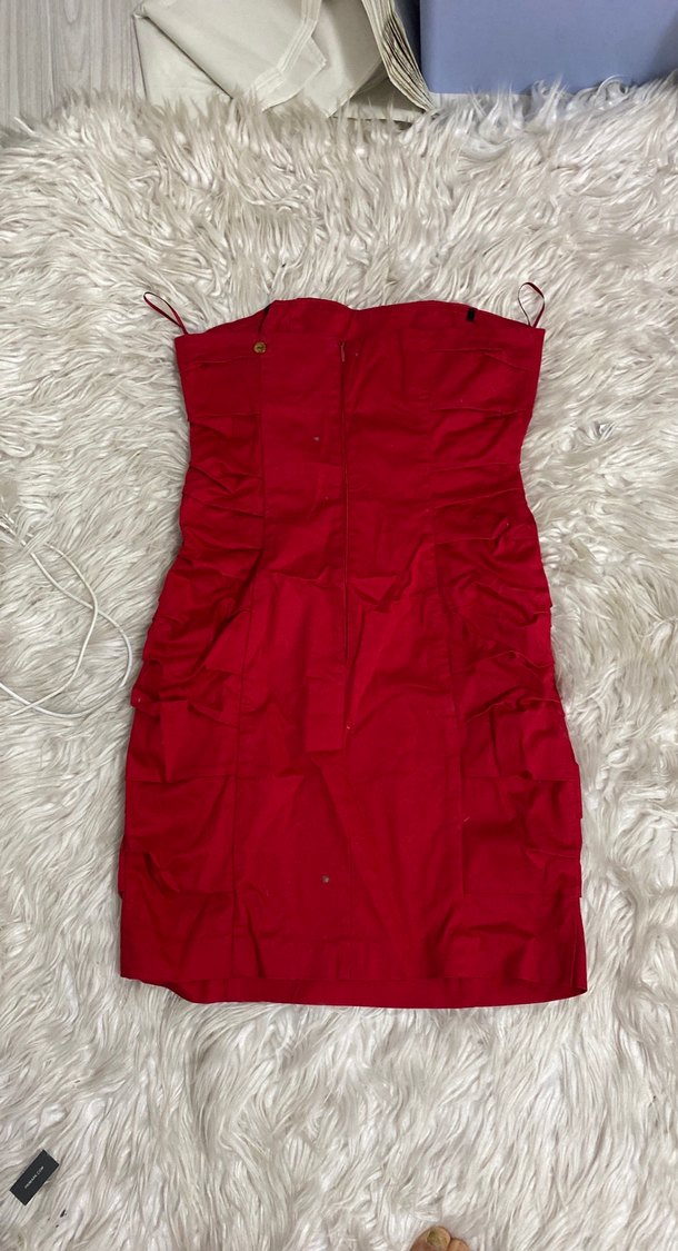 Kırmızı Drapeli  keten straplez Mini Elbise - Görsel 5