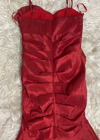 Kırmızı askılı Uzun Drapeli Straplez Abiye Elbise - Görsel 4