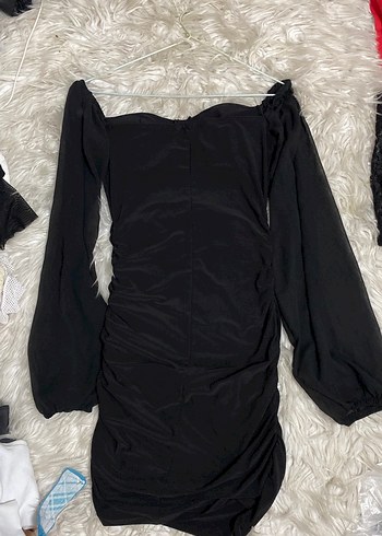 Siyah Drapeli Mini şifon kolu esnek Elbise - Görsel 4