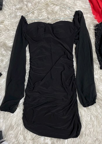 Siyah Drapeli Mini şifon kolu esnek Elbise - Görsel 2