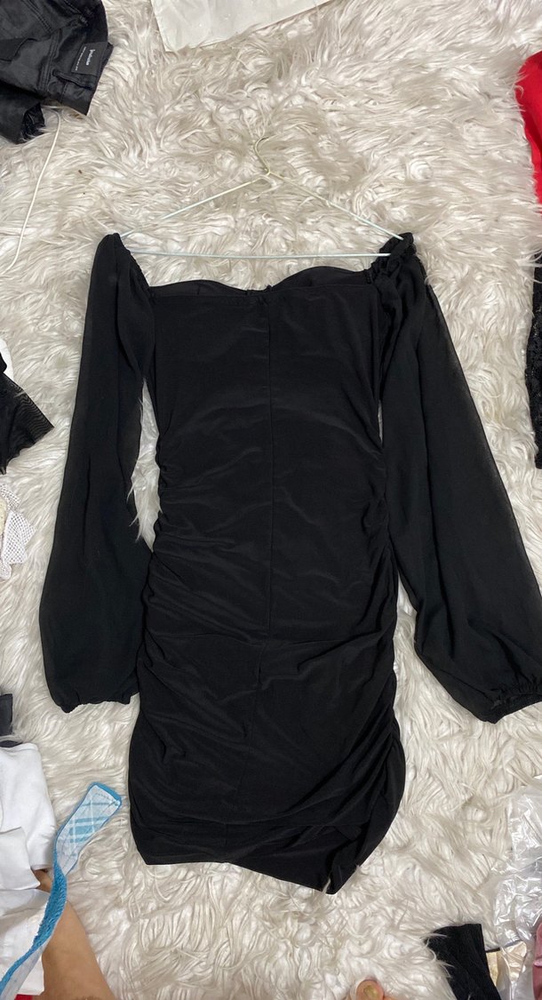 Siyah Drapeli Mini şifon kolu esnek Elbise - Görsel 4