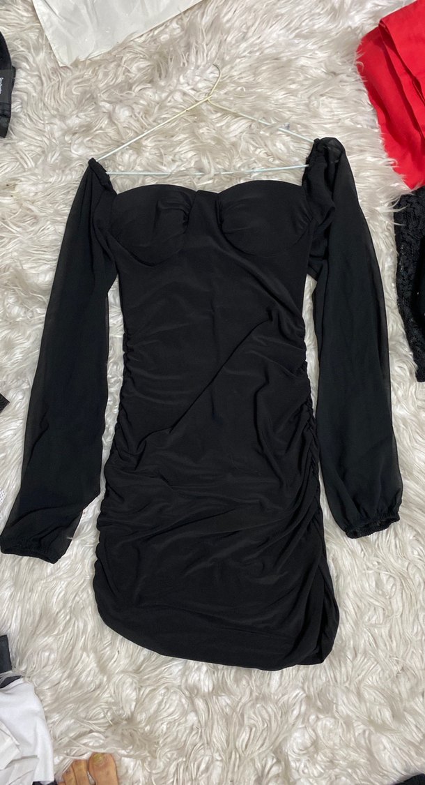 Siyah Drapeli Mini şifon kolu esnek Elbise - Görsel 2