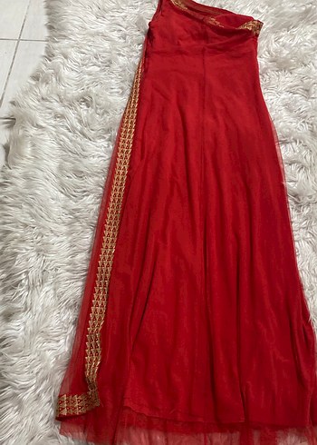 Kırmızı şifon tek omuz Uzun Abiye Elbise - Görsel 5