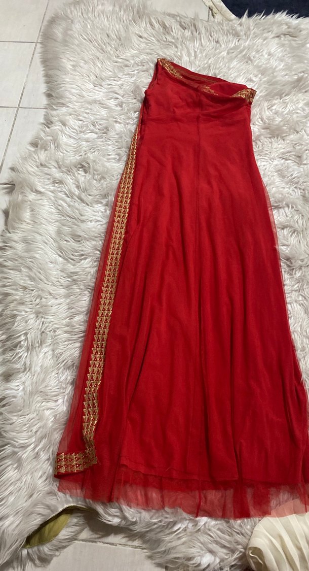 Kırmızı şifon tek omuz Uzun Abiye Elbise - Görsel 5