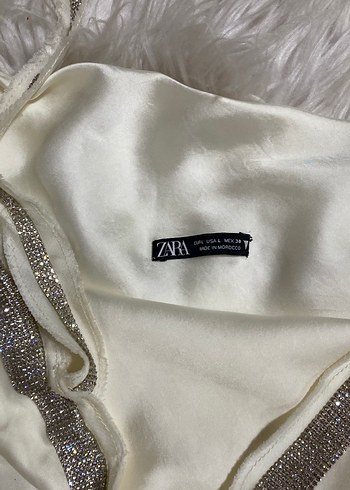 Beyaz ipekli saten Straplez Parlak taşlı Mini  Elbise - Görsel 5