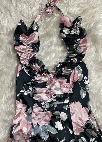 Mango Pembe Siyah Çiçekli sten boyundan bağlı mini Elbise