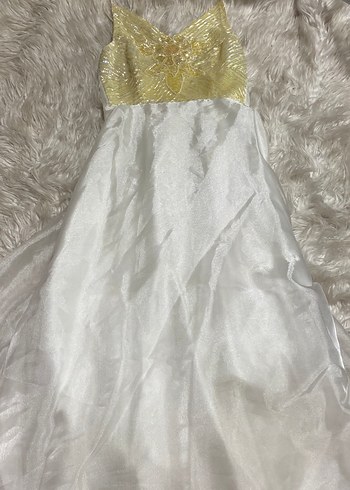 Boncuk İşlemeli V Yaka Uzun Beyaz Kadın Elbise - Görsel 3