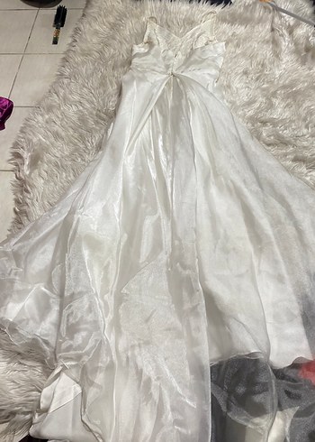 Boncuk İşlemeli V Yaka Uzun Beyaz Kadın Elbise - Görsel 5