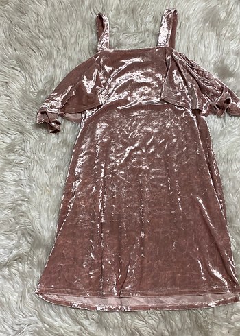 Mango Pembe kadife Midi Omuz Açık Elbise