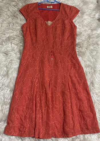 Turuncu fistolu keten Vintage Midi Elbise