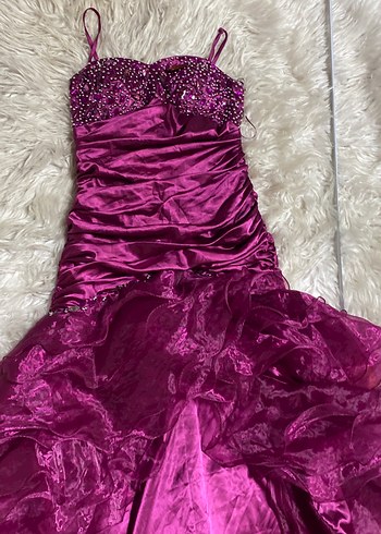 Mürdüm önü kısa arkası Uzun Straplez Fırfırlı Kadın Abiye - Görsel 2