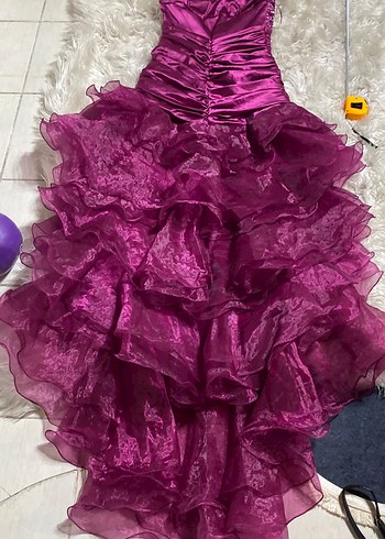 Mürdüm önü kısa arkası Uzun Straplez Fırfırlı Kadın Abiye - Görsel 6