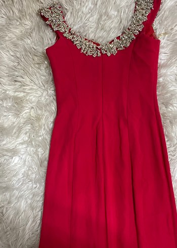 Kırmızı taş işlemeli  Uzun Abiye Elbise - Görsel 5