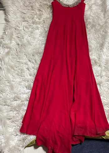 Kırmızı taş işlemeli  Uzun Abiye Elbise - Görsel 6
