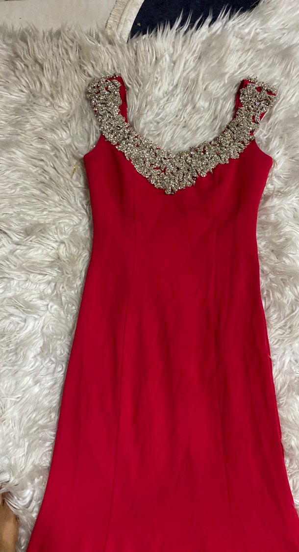 Kırmızı taş işlemeli  Uzun Abiye Elbise - Görsel 2