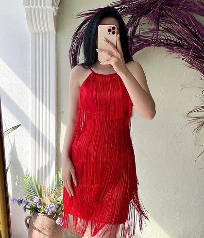 Kırmızı püskülü askılı abiye - Görsel 2