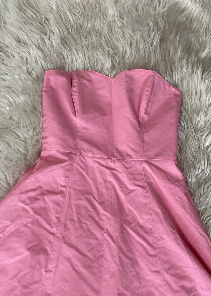 Toz pembe straplez midi elbise - Görsel 3