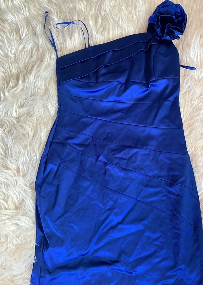 Şaka mavi ipeksaten tek omuz çok şık abiye - Görsel 3