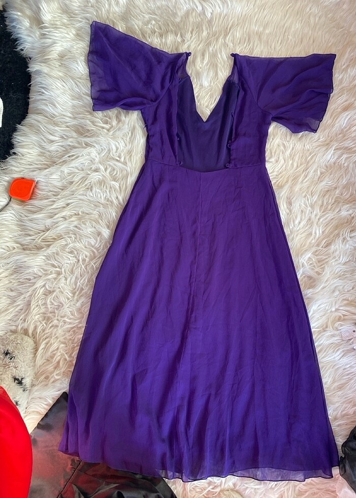 Mor sırtıçaprazlı midi şifon elbise - Görsel 4