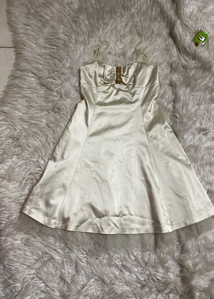 Ekol şampanya rengi straplez askılı taşlı tülü Çan midi aniye - Görsel 2