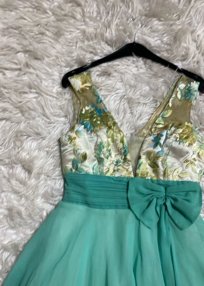 Su yeşili şifon harika gece elbisesi - Görsel 2