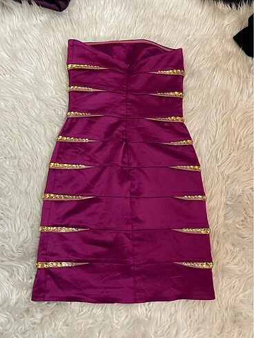 Mürdüm sten şık straplez elbise - Görsel 3