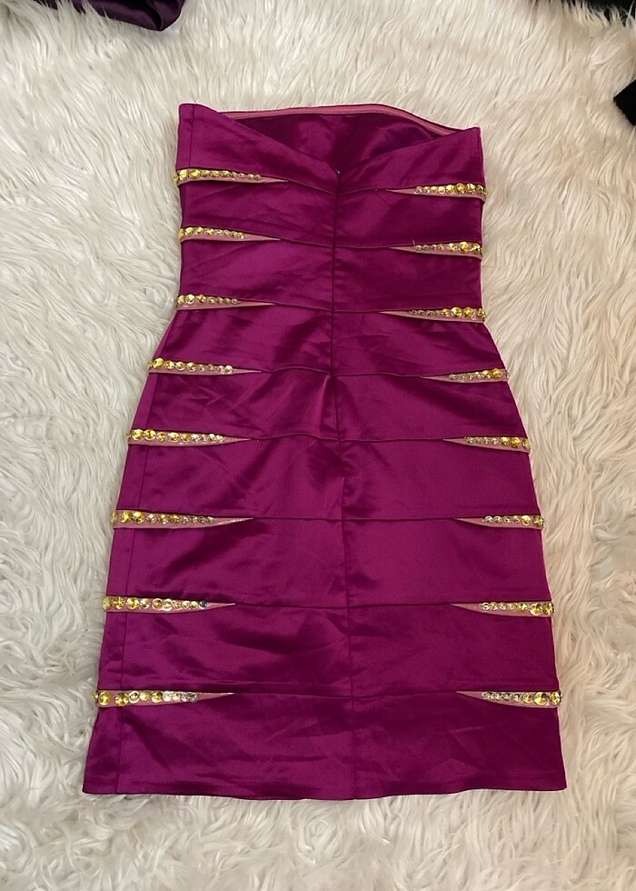 Mürdüm sten şık straplez elbise - Görsel 3