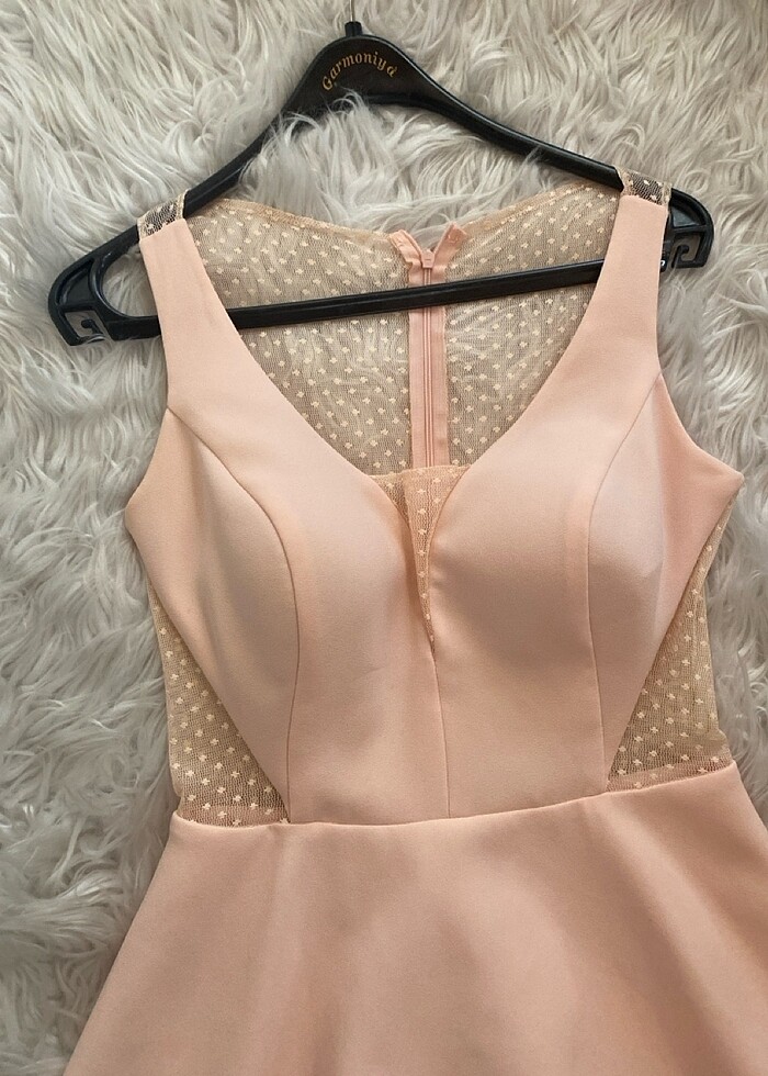 Somon rengi korseli göğüs petli şık kısa abiye likralı - Görsel 2