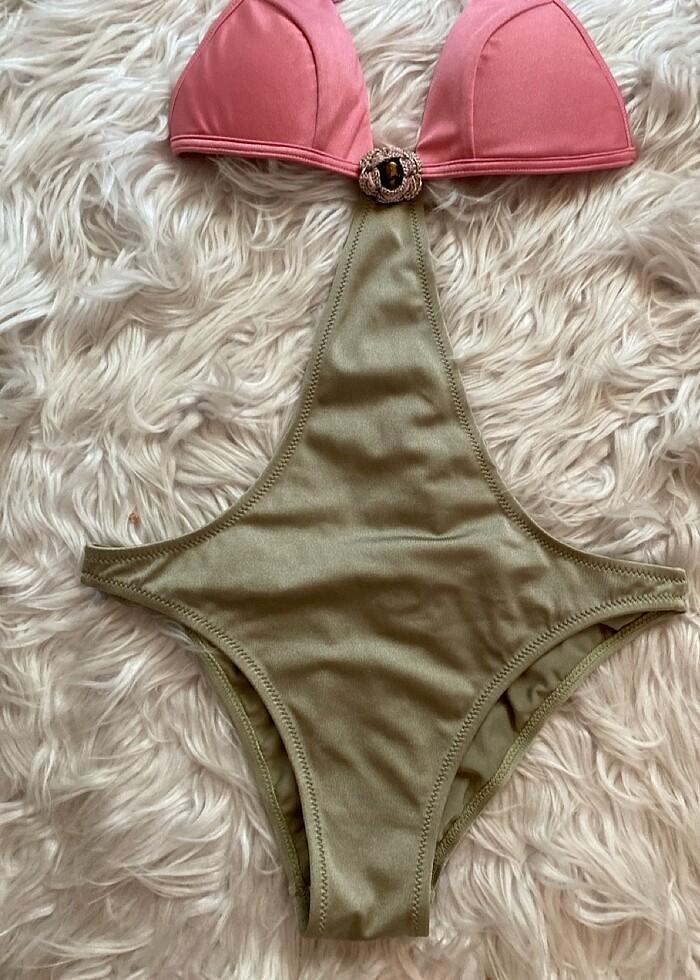 Zeki pembe haki parlak şık mayokini - Görsel 3