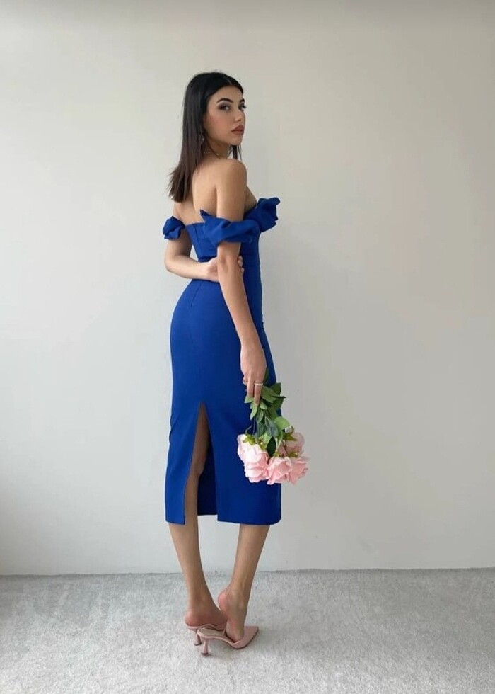 Saks Mavisi Krep Elbise - Görsel 3