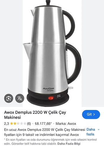Awox Demplus 2200 W Çelik Çay Makinesi Gri