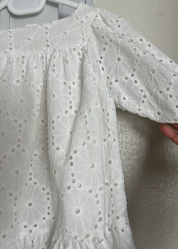 Kız Çocuk Beyaz Nakışlı Pamuklu Elbise - Görsel 4