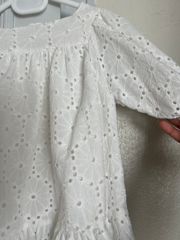 Kız Çocuk Beyaz Nakışlı Pamuklu Elbise - Görsel 4