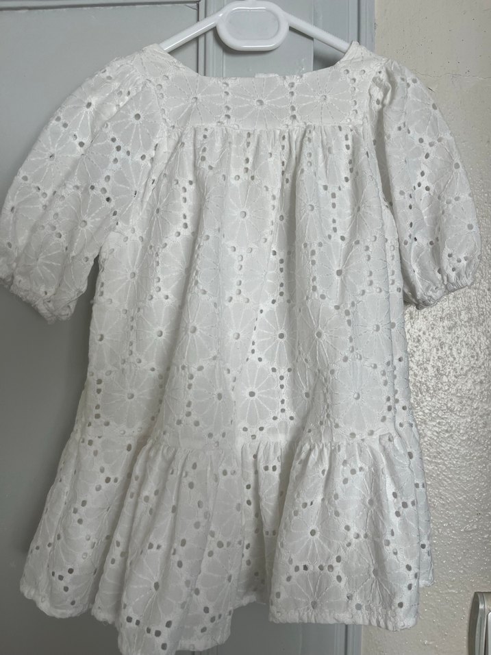 Kız Çocuk Beyaz Nakışlı Pamuklu Elbise - Görsel 5