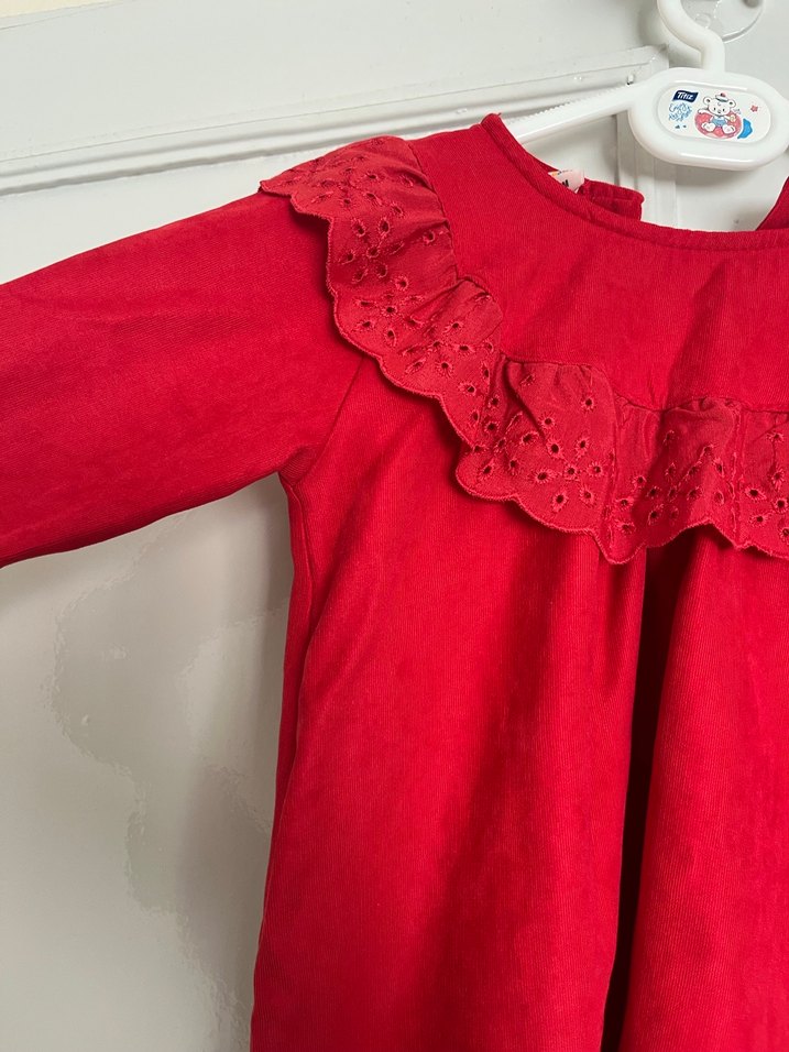 Kız Çocuk Kırmızı Süet Fırfırlı Elbise - Görsel 2