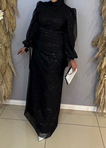 Uzun Kol Pullu Siyah Abiye Elbise - Görsel 9