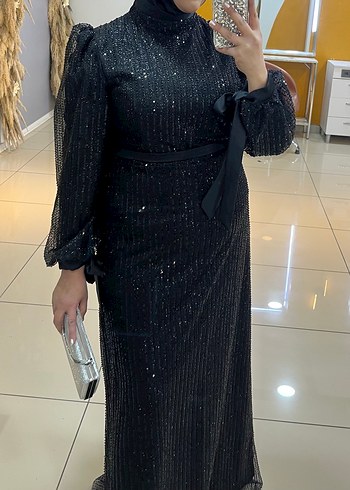 Uzun Kol Pullu Siyah Abiye Elbise - Görsel 10