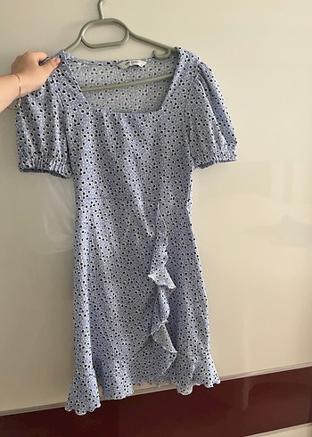 Mavi V Yaka Fırfırlı Mini Elbise