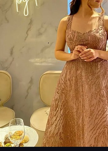 s Beden Dantel Detaylı Pembe Midi Abiye /Nişan elbisesi