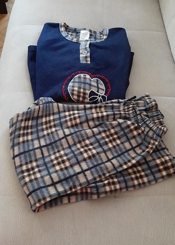 Düğmeli Lacivert Kareli kadın polar Pijama Takımı