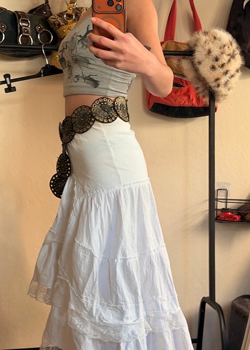 Dantel Detaylı Beyaz Bohem Midi Etek - Görsel 3