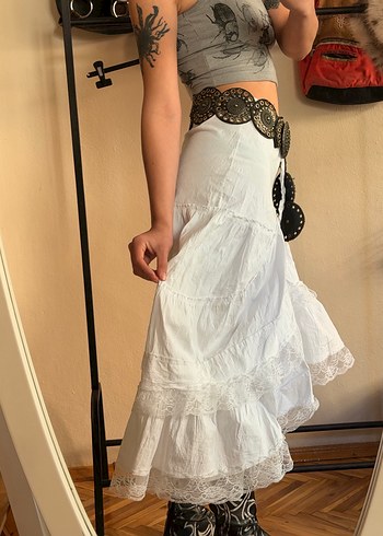 Dantel Detaylı Beyaz Bohem Midi Etek - Görsel 5