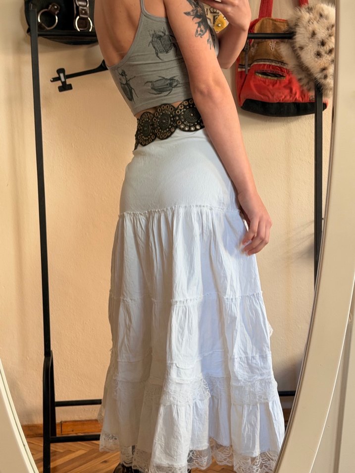 Dantel Detaylı Beyaz Bohem Midi Etek - Görsel 4