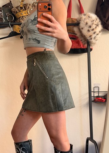 Haki Deri Mini Etek - Görsel 2