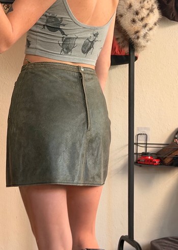 Haki Deri Mini Etek - Görsel 3