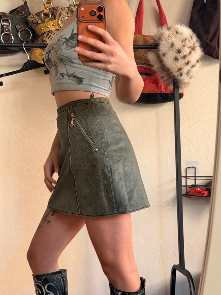 Haki Deri Mini Etek - Görsel 2