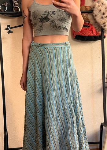 Mavi Çizgili Midi Bohem Etek Bağlamalı - Görsel 2