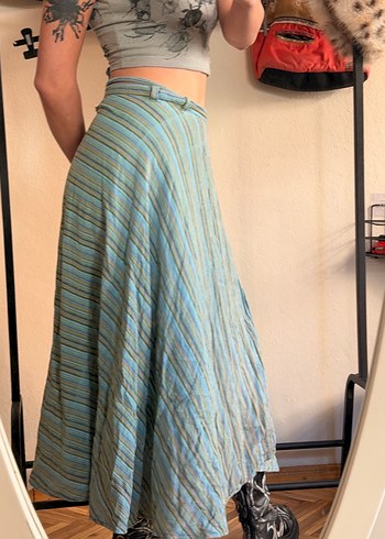 Mavi Çizgili Midi Bohem Etek Bağlamalı - Görsel 4